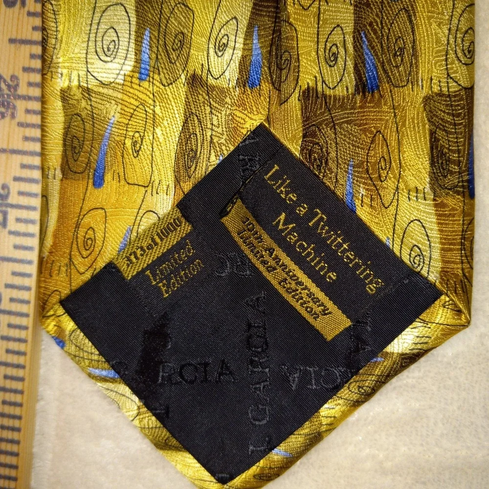 J Garcia Like A Twittering Machine Collection 10th Silk Tie Gold w/blue 173/1000